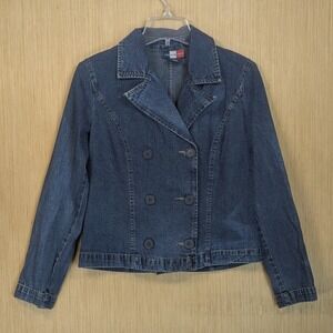 French Kuff‎ Denim Jacket Womens Small Blue Double Breasted Y2K Retro Flawed